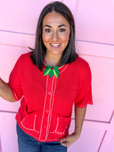 Buttoned & Stitched Top - Red