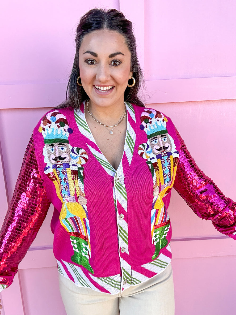 QUEEN OF SPARKLES | Hot Pink Peppermint Nutcrackers Sequin Cardigan