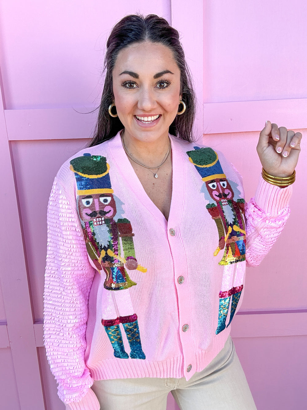 QUEEN OF SPARKLES | Pink Shard Sequin Sleeve Nutcracker Cardigan