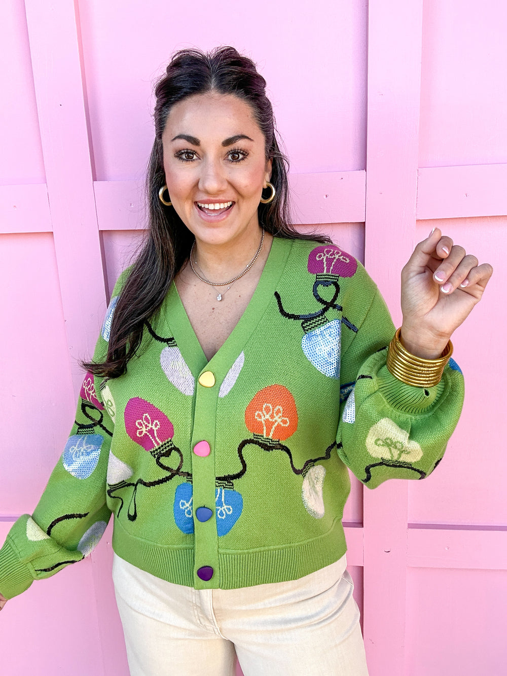 QUEEN OF SPARKLES | Green Multi Christmas Light Button Up Cardigan