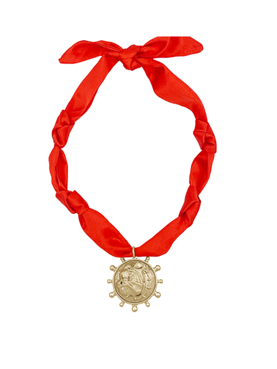 Bulldog Head Scarf Necklace - Red