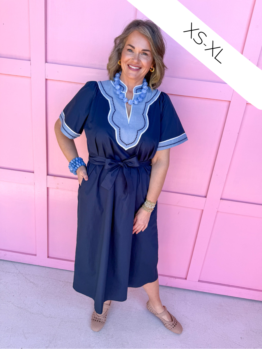 womens boutique dress navy light blue vneck waist tie pockets midi length jincy's