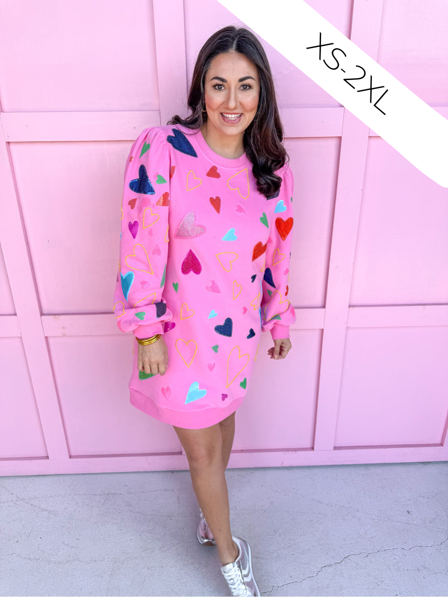 QUEEN OF SPARKLES Groovy Hearts Sweatshirt Dress womens boutique statement jincy's