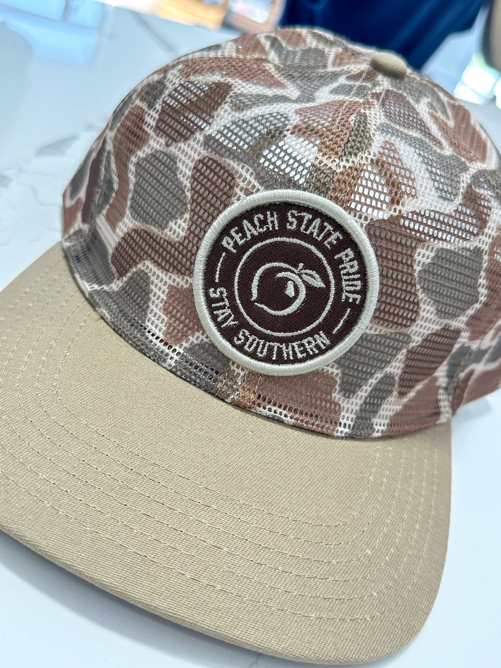 Peach State Pride | Mesh Trucker Hat - Old School Camo