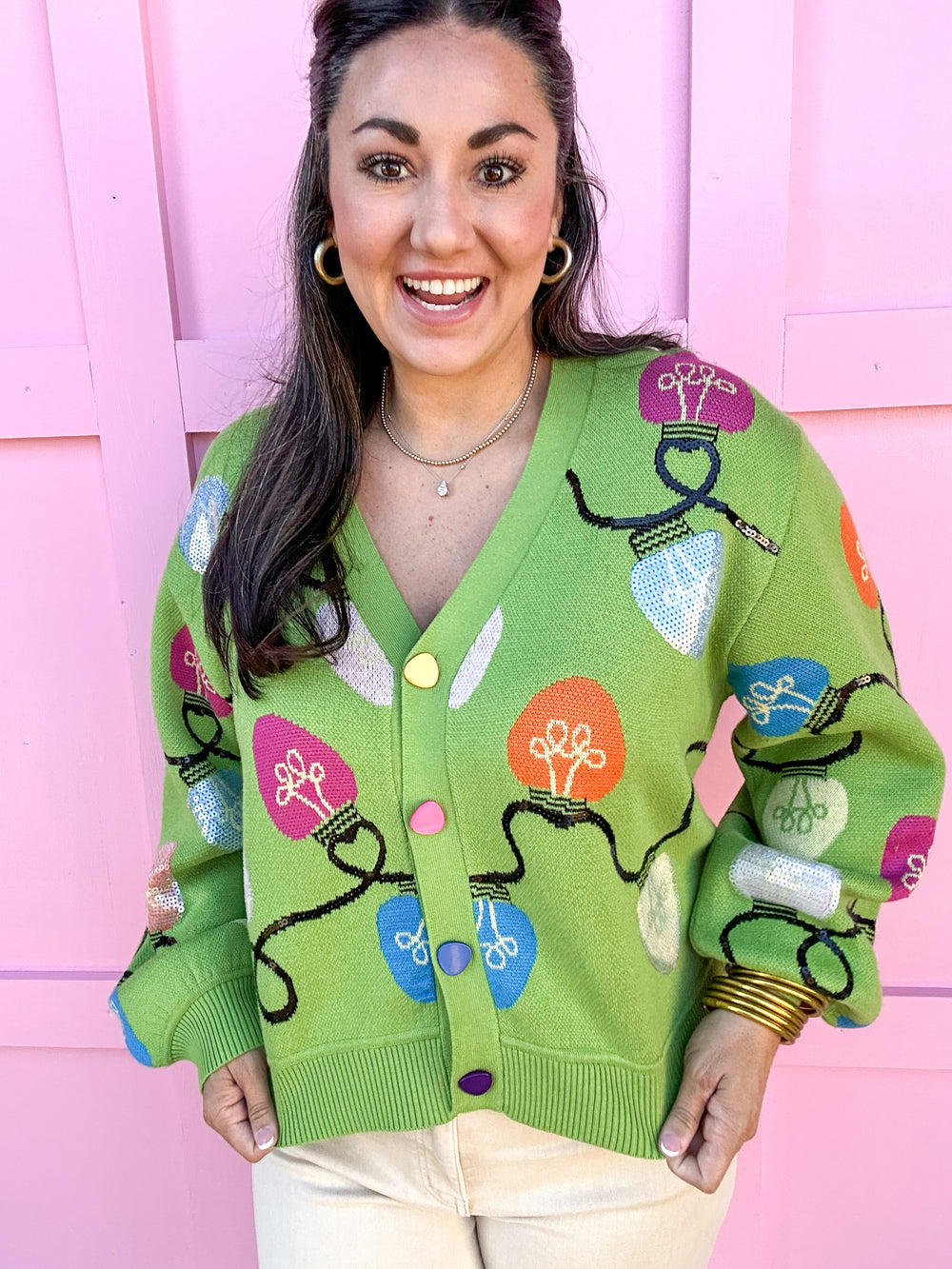 QUEEN OF SPARKLES | Green Multi Christmas Light Button Up Cardigan