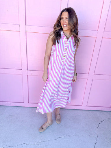 Jincy's Women's Boutique Spring Styles Sleeveless Pink Stripe Maxi Midi Dress