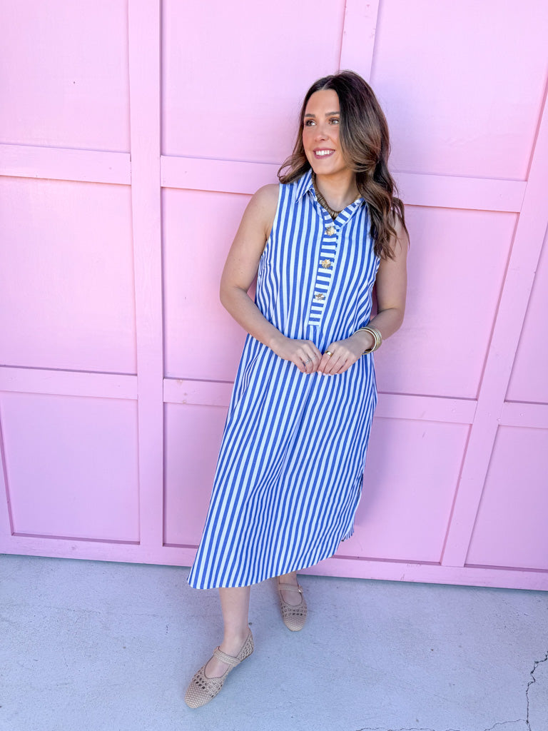 Jincy's Women's Boutique Spring Styles Blue Stripe Maxi Dress Bold Gold Buttons