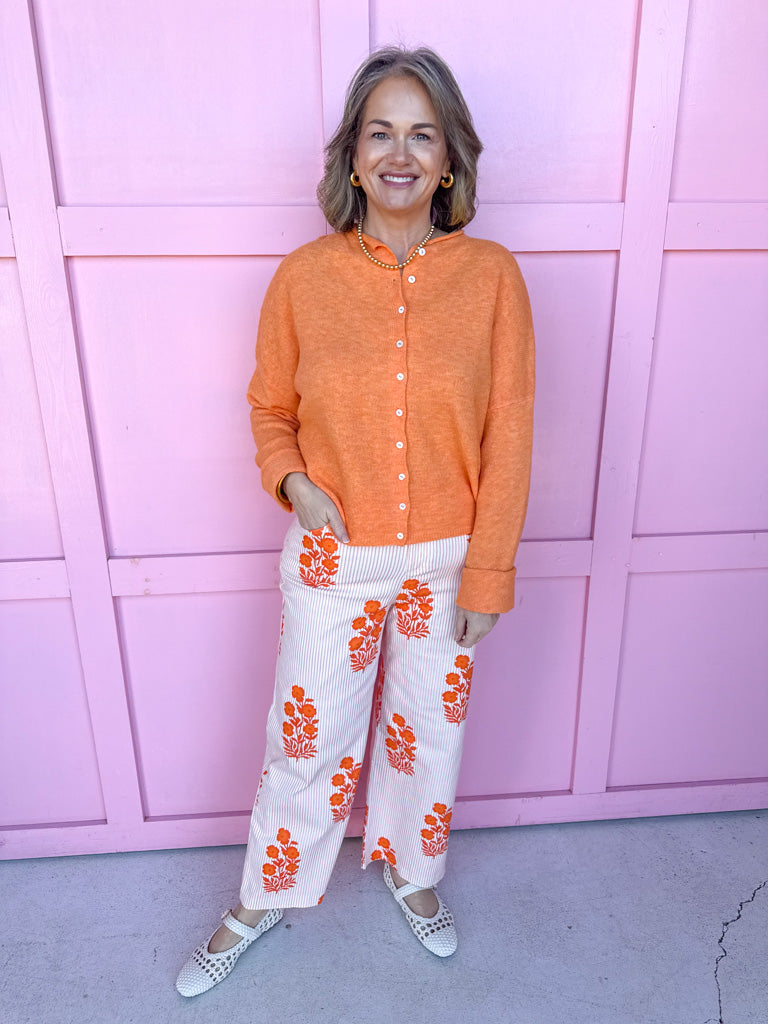 Jincy's Women's Boutique Spring Styles Orange Floral Striped Wide Leg Pants