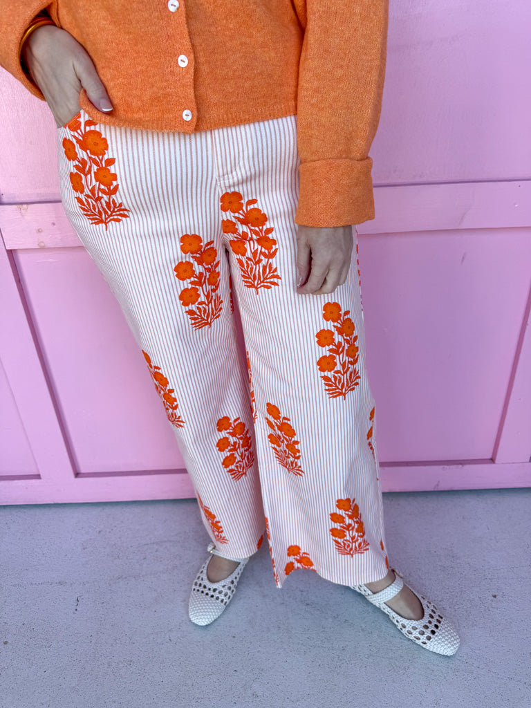 Jincy's Women's Boutique Spring Styles Orange Floral Striped Wide Leg Pants