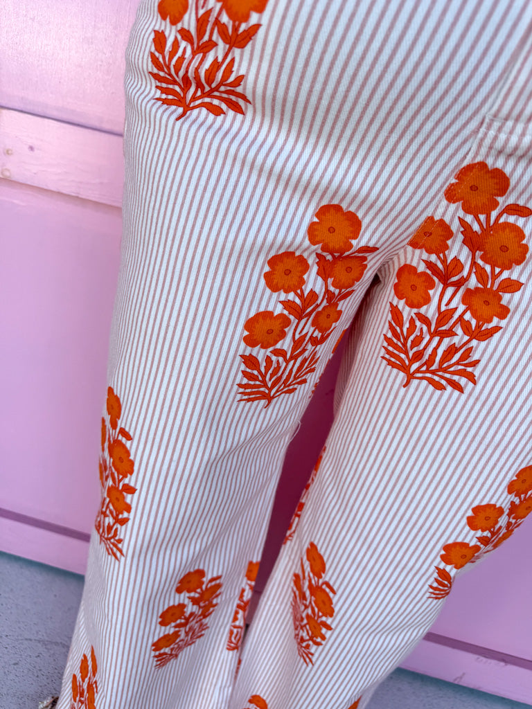 Jincy's Women's Boutique Spring Styles Orange Floral Striped Wide Leg Pants