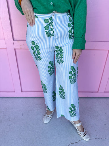 Jincy's Women's Boutique Spring Styles Blue & Green Floral Striped Wide Leg Pants
