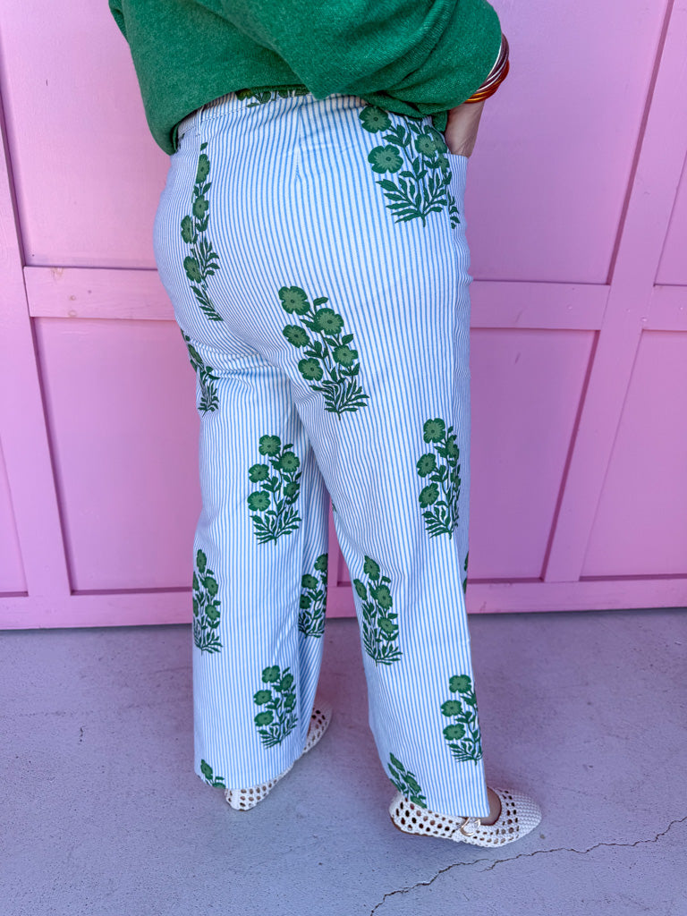 Jincy's Women's Boutique Spring Styles Blue & Green Floral Striped Wide Leg Pants