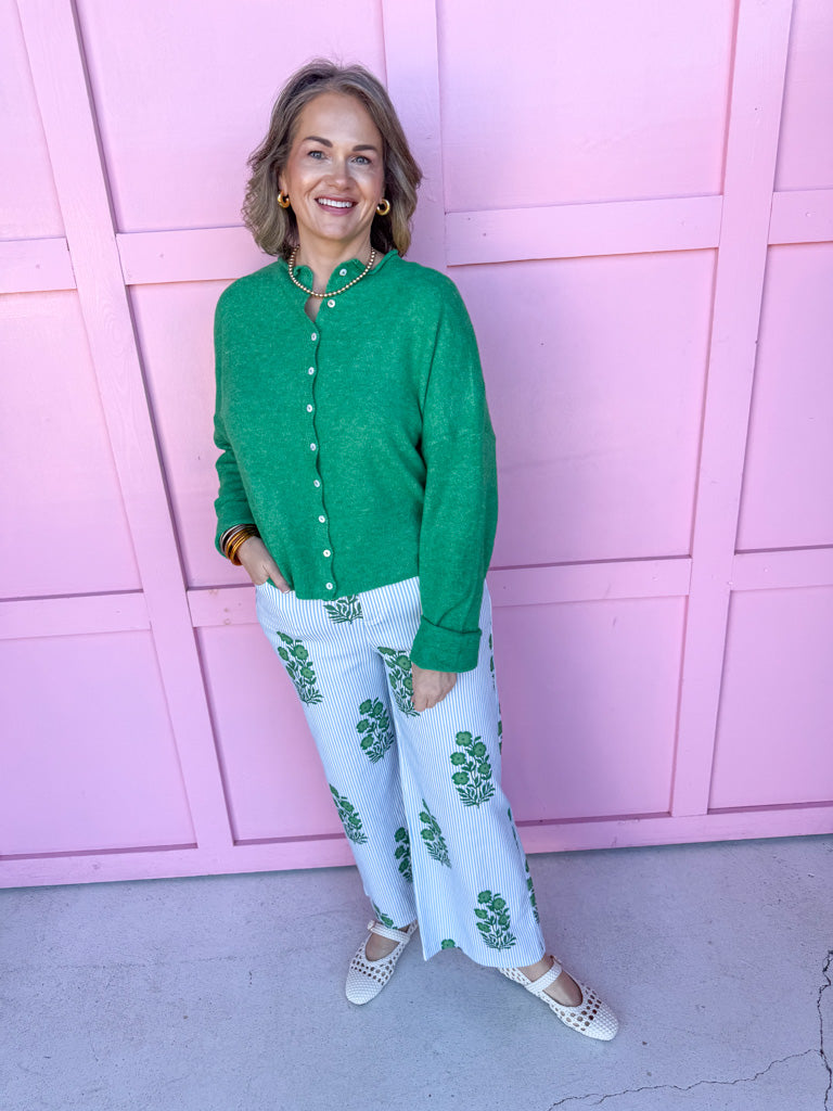 Jincy's Women's Boutique Spring Styles Blue & Green Floral Striped Wide Leg Pants