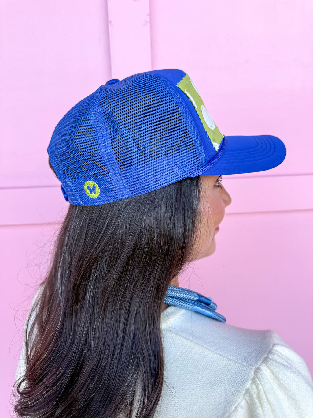 Tucker's Trucker hat womens boutique royal blue green white polka dots jincy's