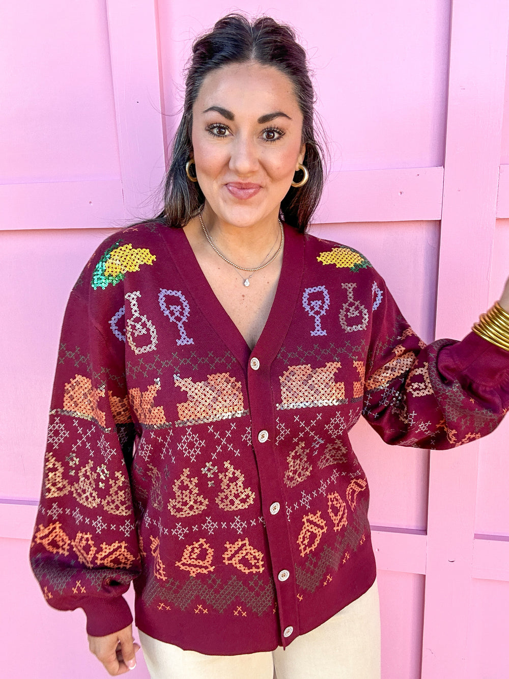 QUEEN OF SPARKLES | Maroon Needlepoint Thanksgiving Cardigan