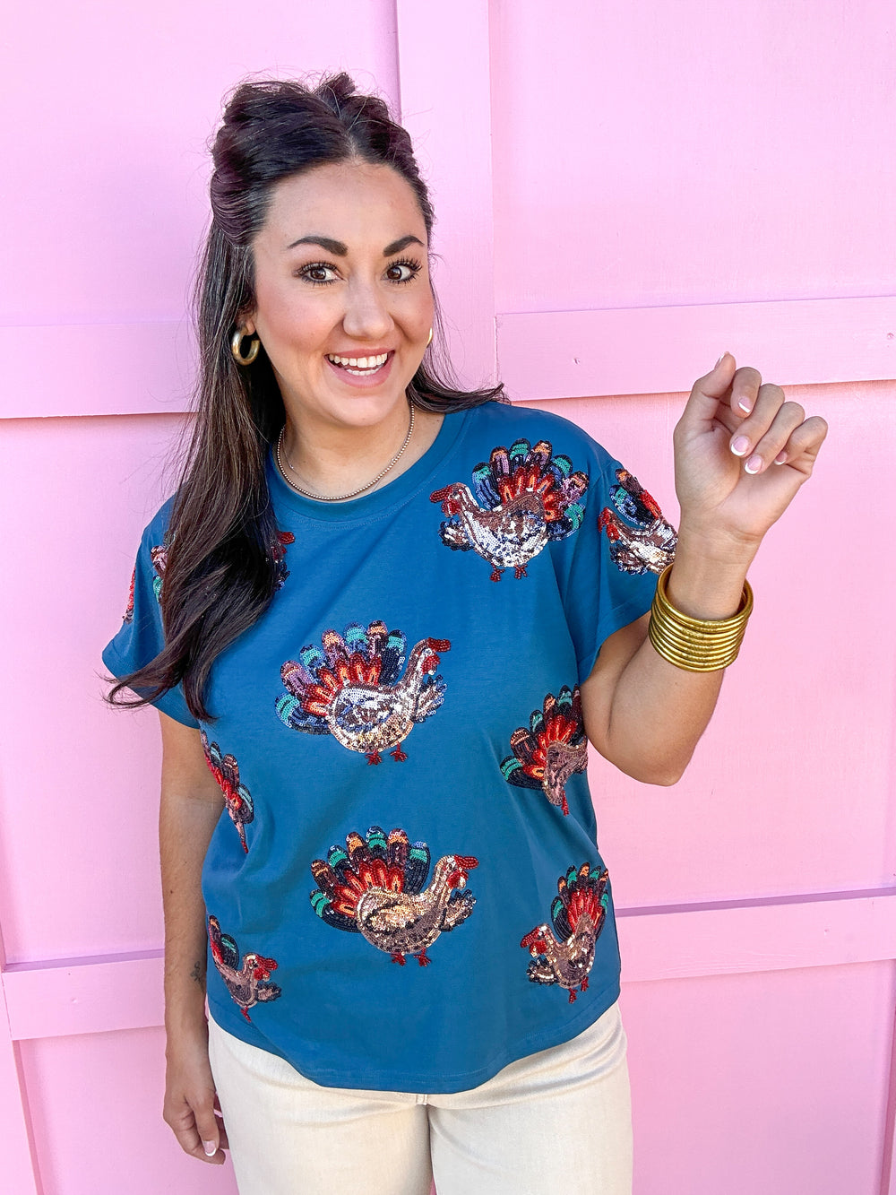 QUEEN OF SPARKLES | Dark Blue Beaded Turkey Tee