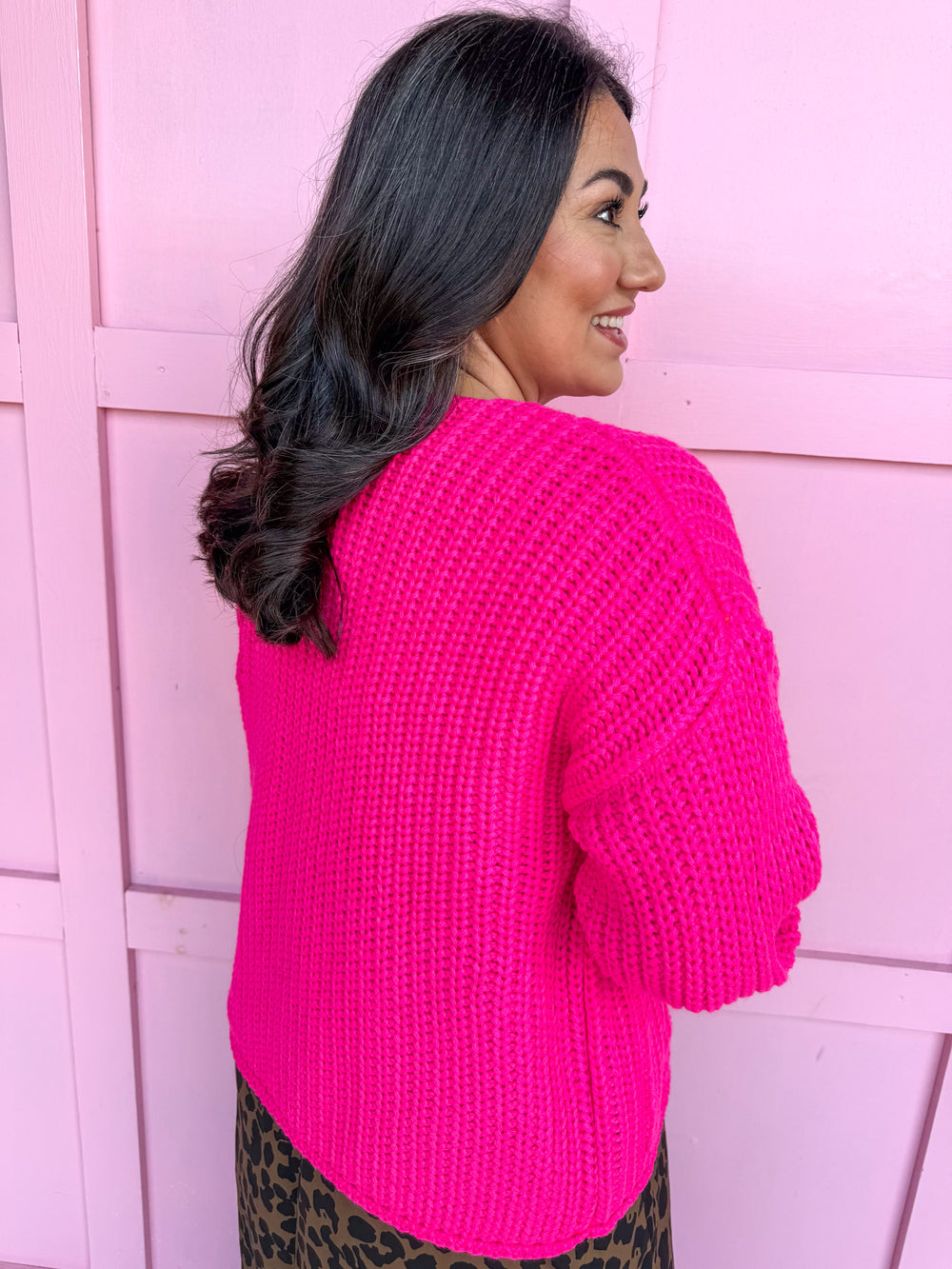 womens boutique chunky knit cardigan hot pink hammered gold buttons jincy's 