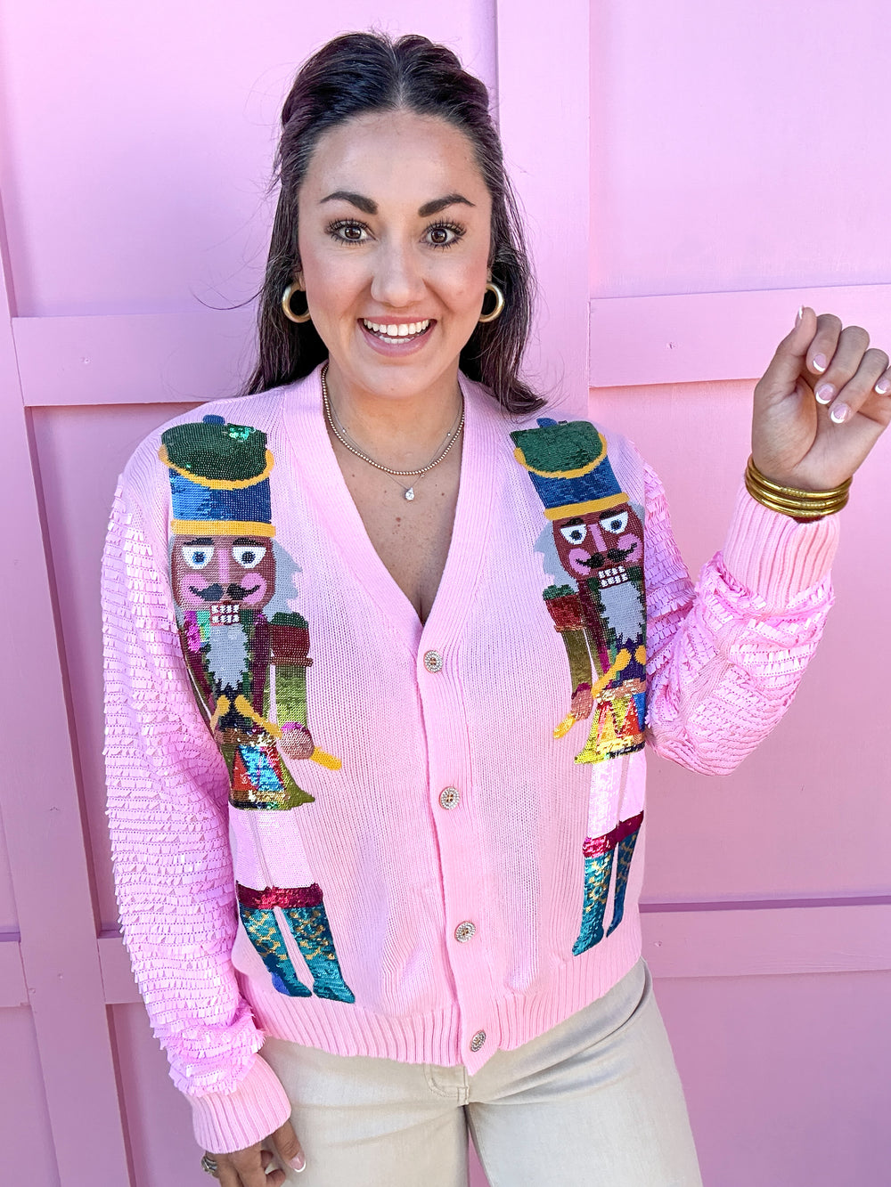 QUEEN OF SPARKLES | Pink Shard Sequin Sleeve Nutcracker Cardigan