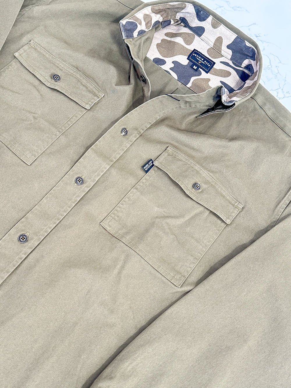Prairie Oaks Waterfowl | Bottoms Button Down - Traditions Camo Olive