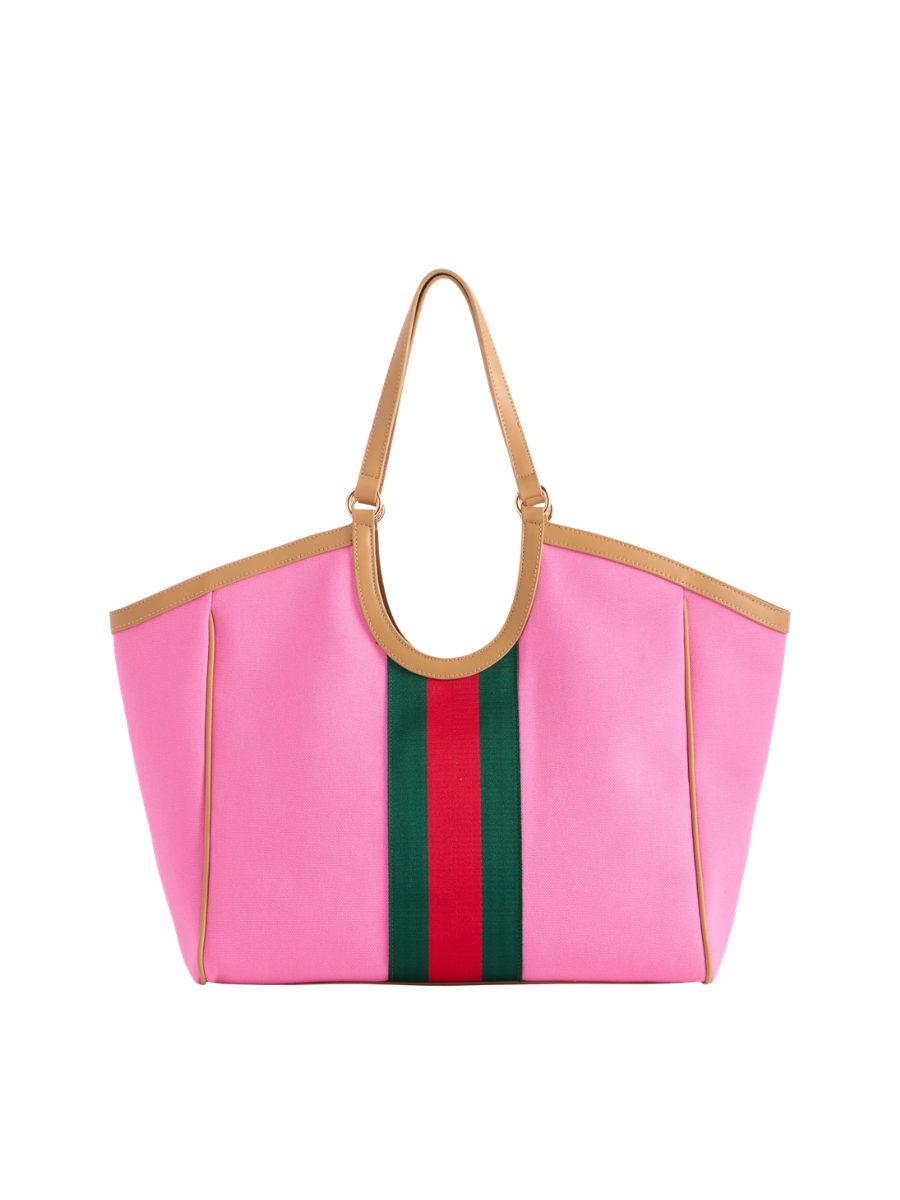 Scala Tote pink red green stripes khaki trim womens boutique jincy's