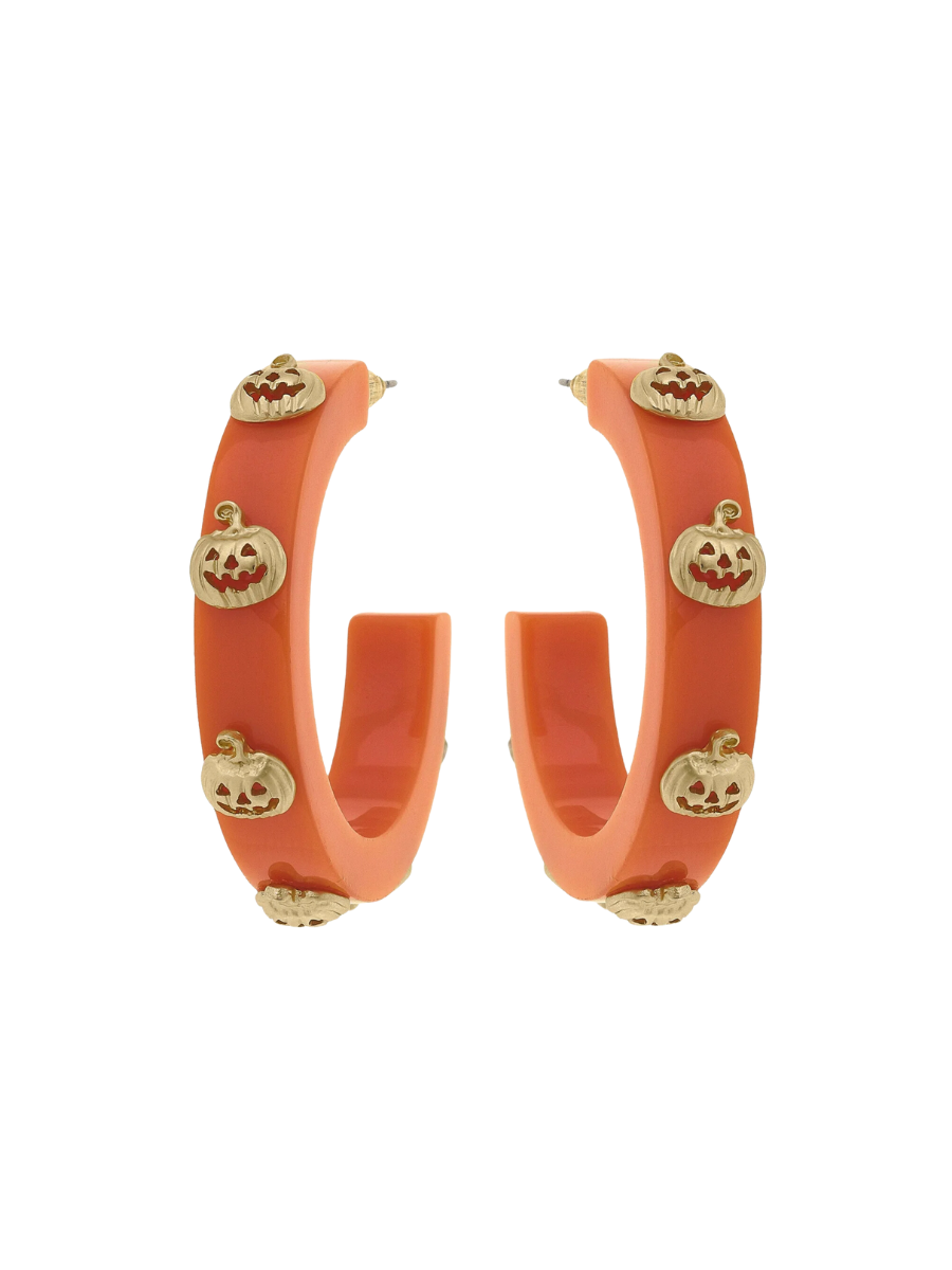 Canvas | Jack-O'- Lantern Resin Hoop Earrings - Orange