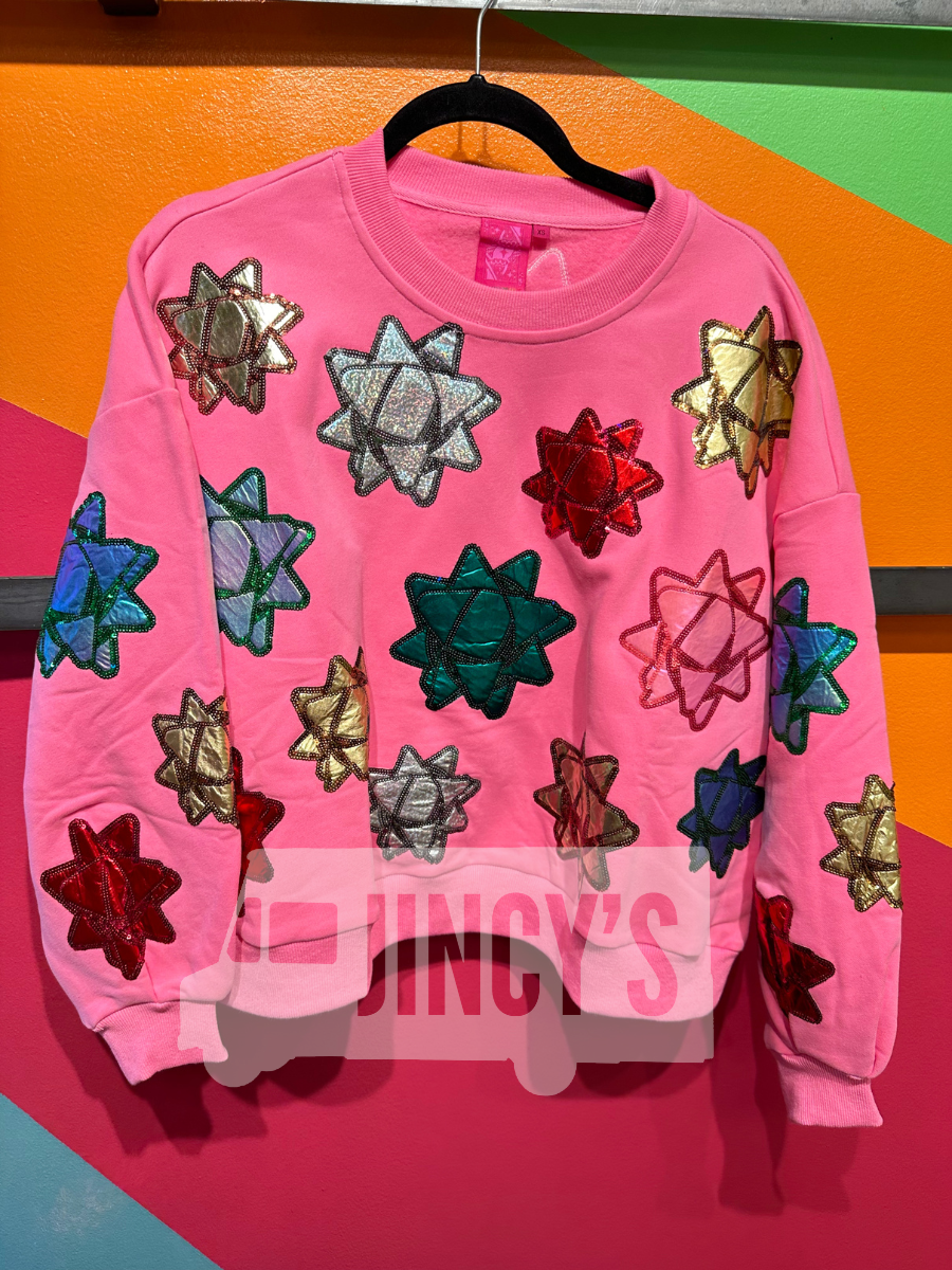 QUEEN OF SPARKLES | Pink Metallic Present Bows Sweatshirt