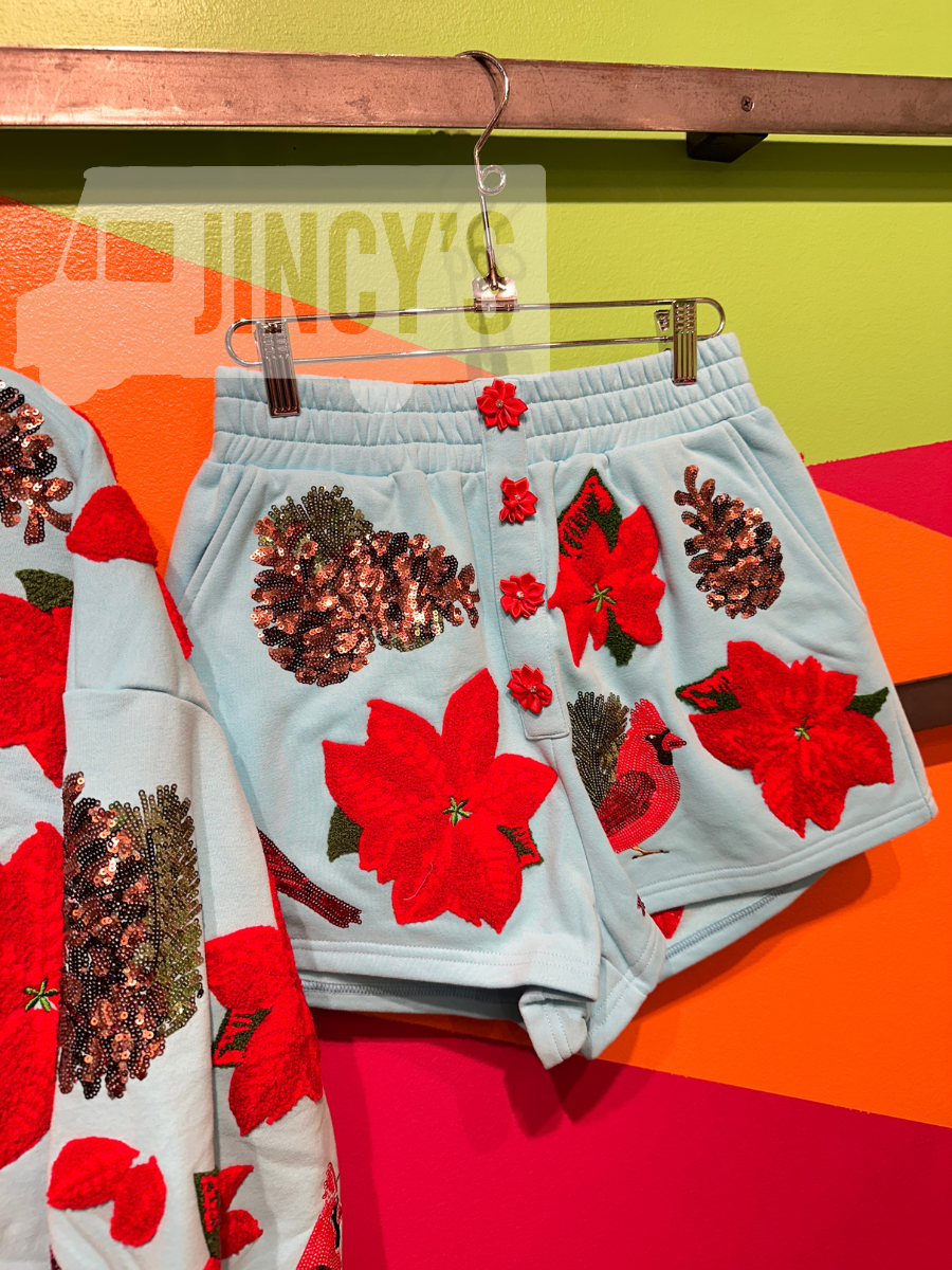 QUEEN OF SPARKLES | Aqua Poinsettia, Cardinal, & Pine Cone Henley Shorts