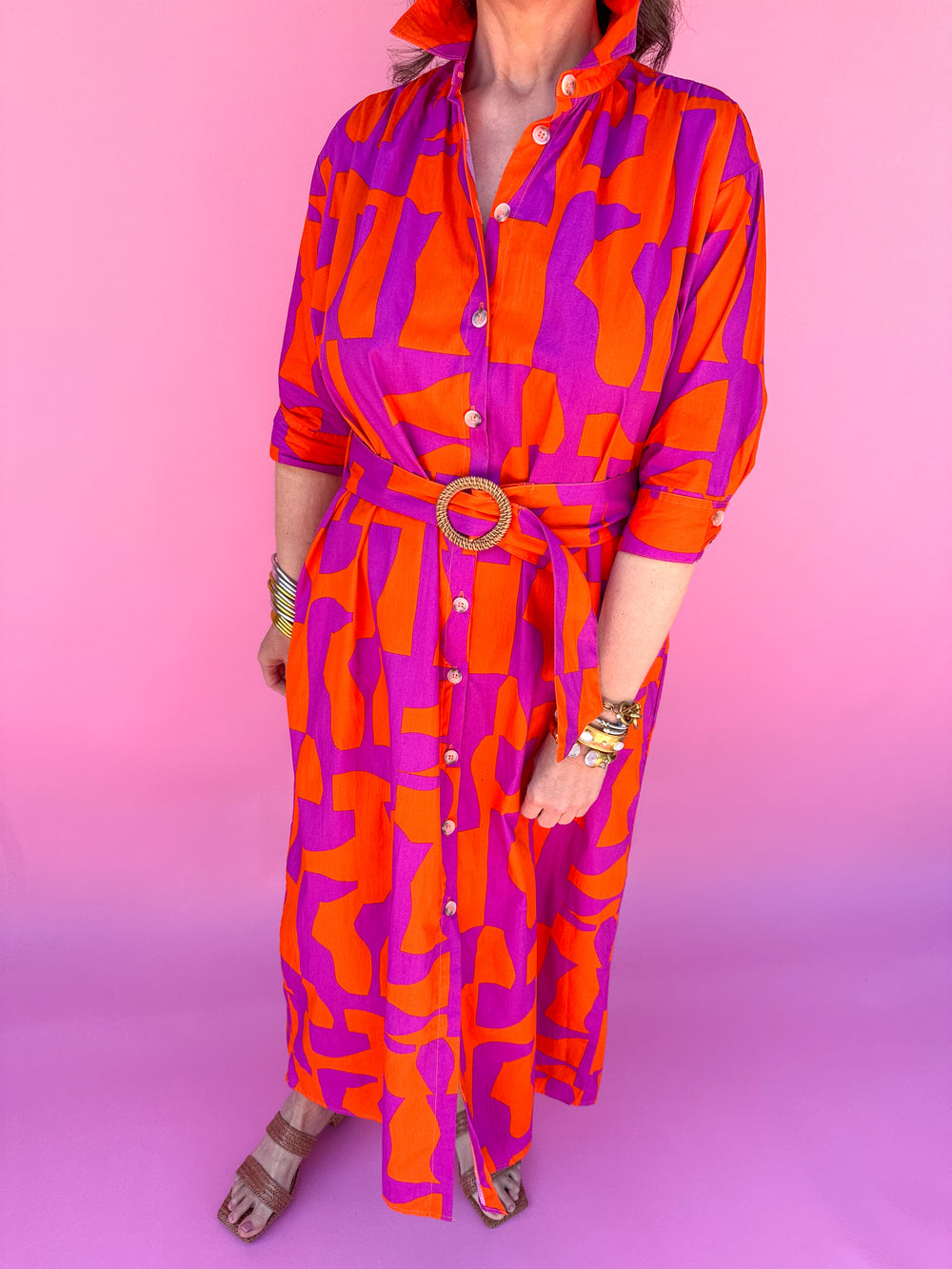 KARLIE | Geometric Poplin Maxi Shirt Dress