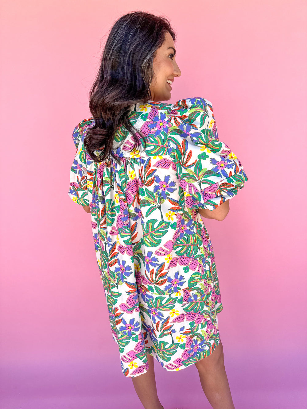KARLIE | Palm Multi VNeck Puff Sleeve Dress