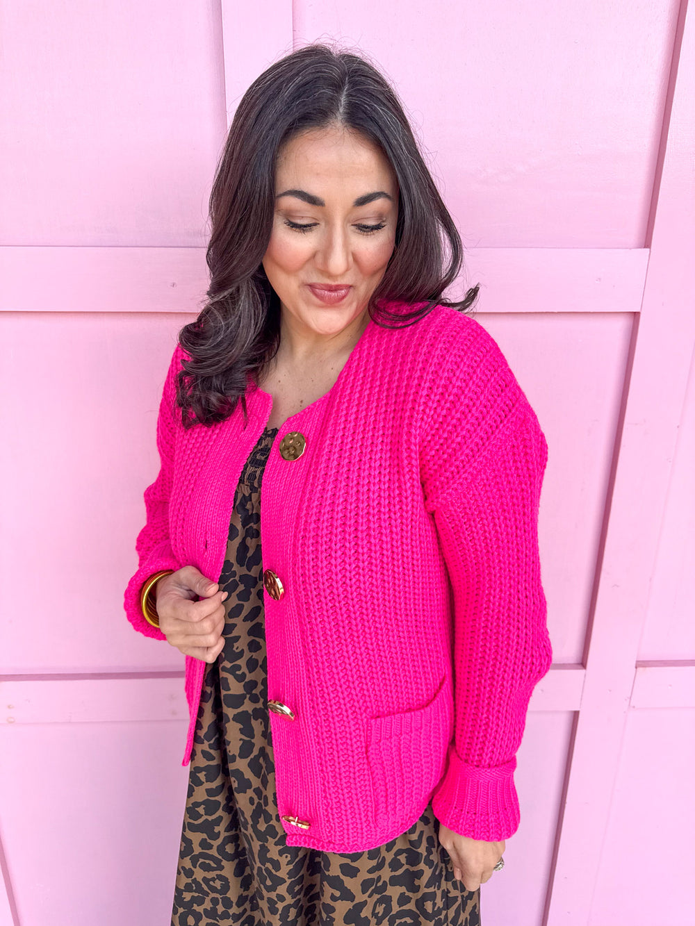 womens boutique chunky knit cardigan hot pink hammered gold buttons jincy's 