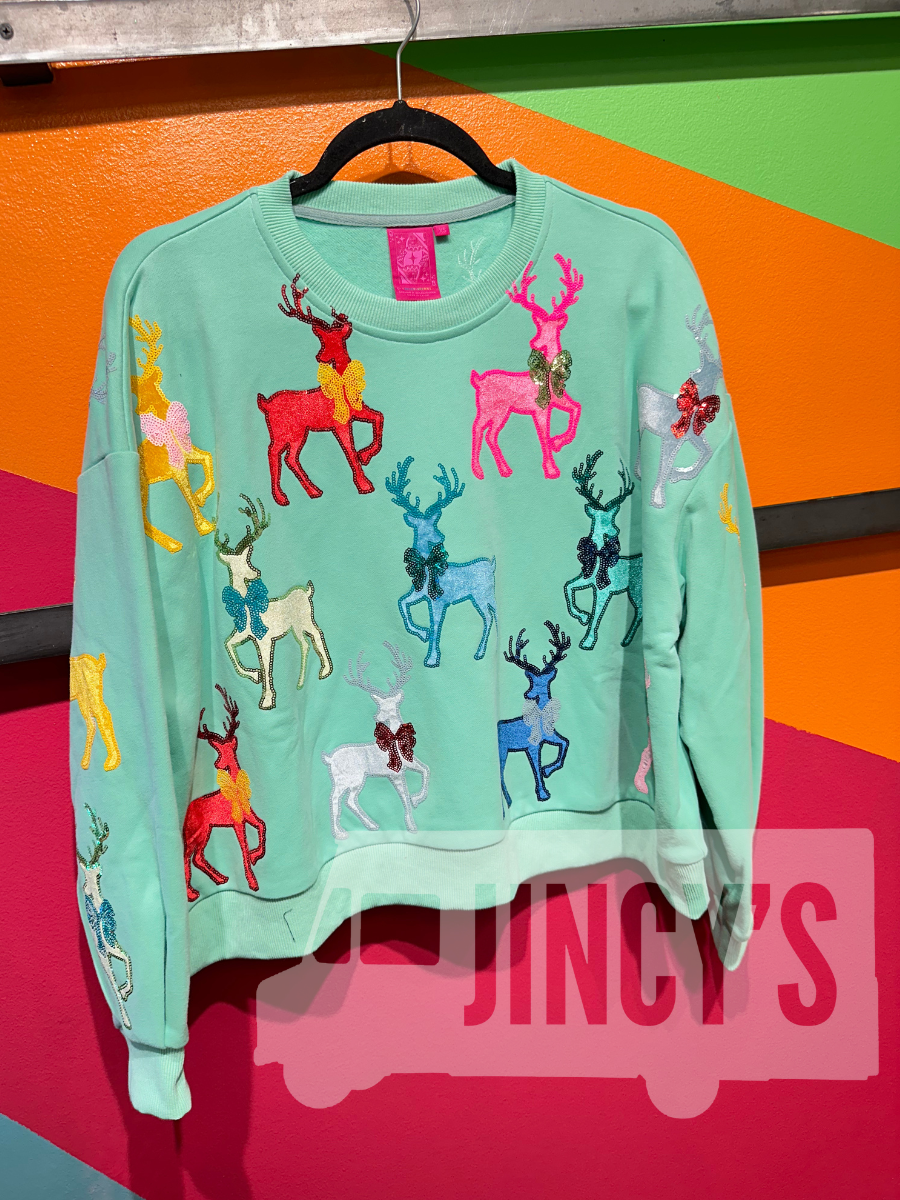 QUEEN OF SPARKLES | Mint Green Sweatshirt with Velvet Reindeers & Bows