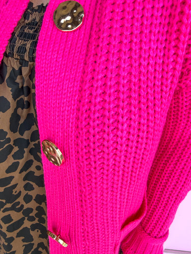 womens boutique chunky knit cardigan hot pink hammered gold buttons jincy's 