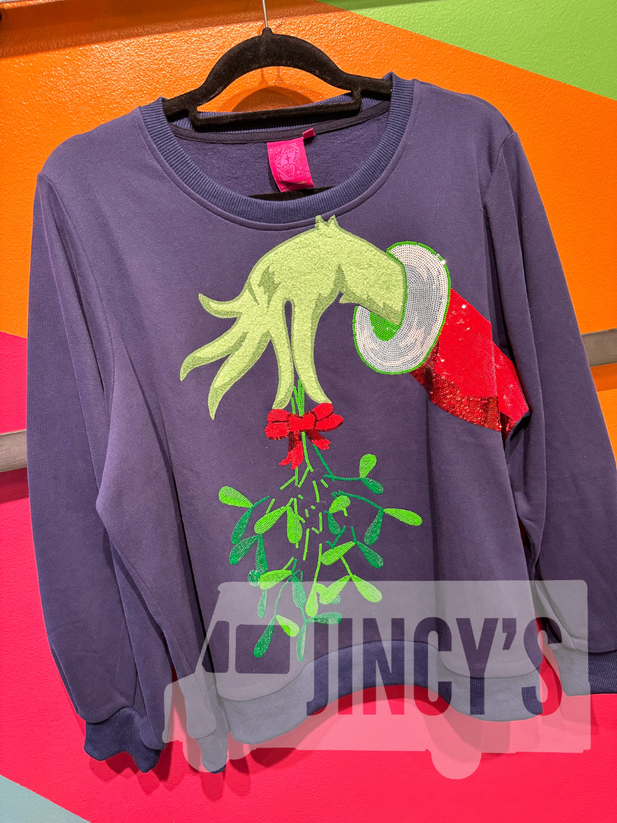 QUEEEN OF SPARKLES | Navy Grinch Mistletoe Hand Sweatshirt