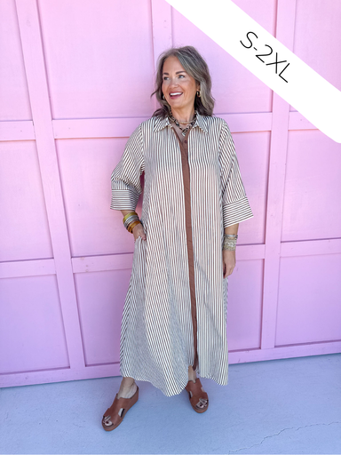 womens boutique striped dress caramel white button front pockets oversized jincy's