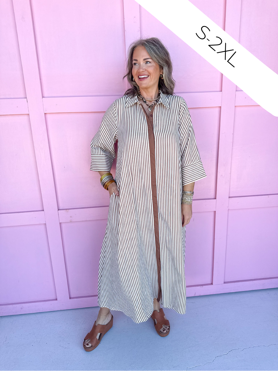 womens boutique striped dress caramel white button front pockets oversized jincy's