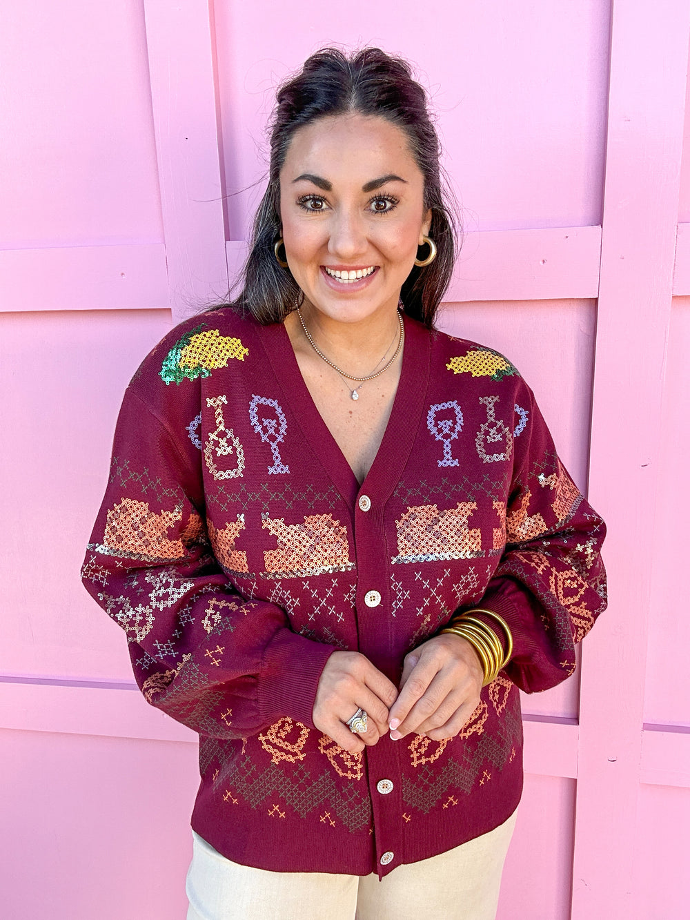 QUEEN OF SPARKLES | Maroon Needlepoint Thanksgiving Cardigan