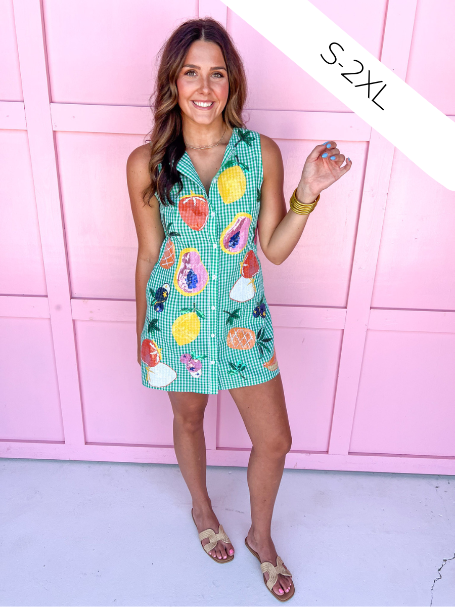 QUEEN OF SPARKLES | Green Gingham Fruit Button Up Tank Dress