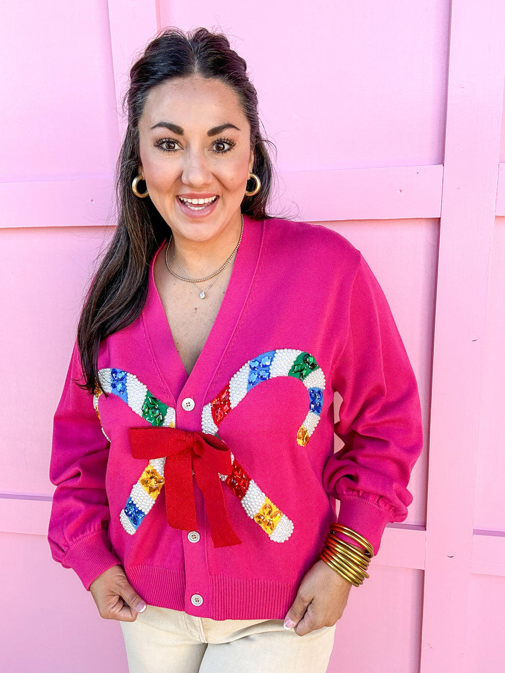 QUEEN OF SPARKLES | Pink Cardigan with Candy Cane & Bow