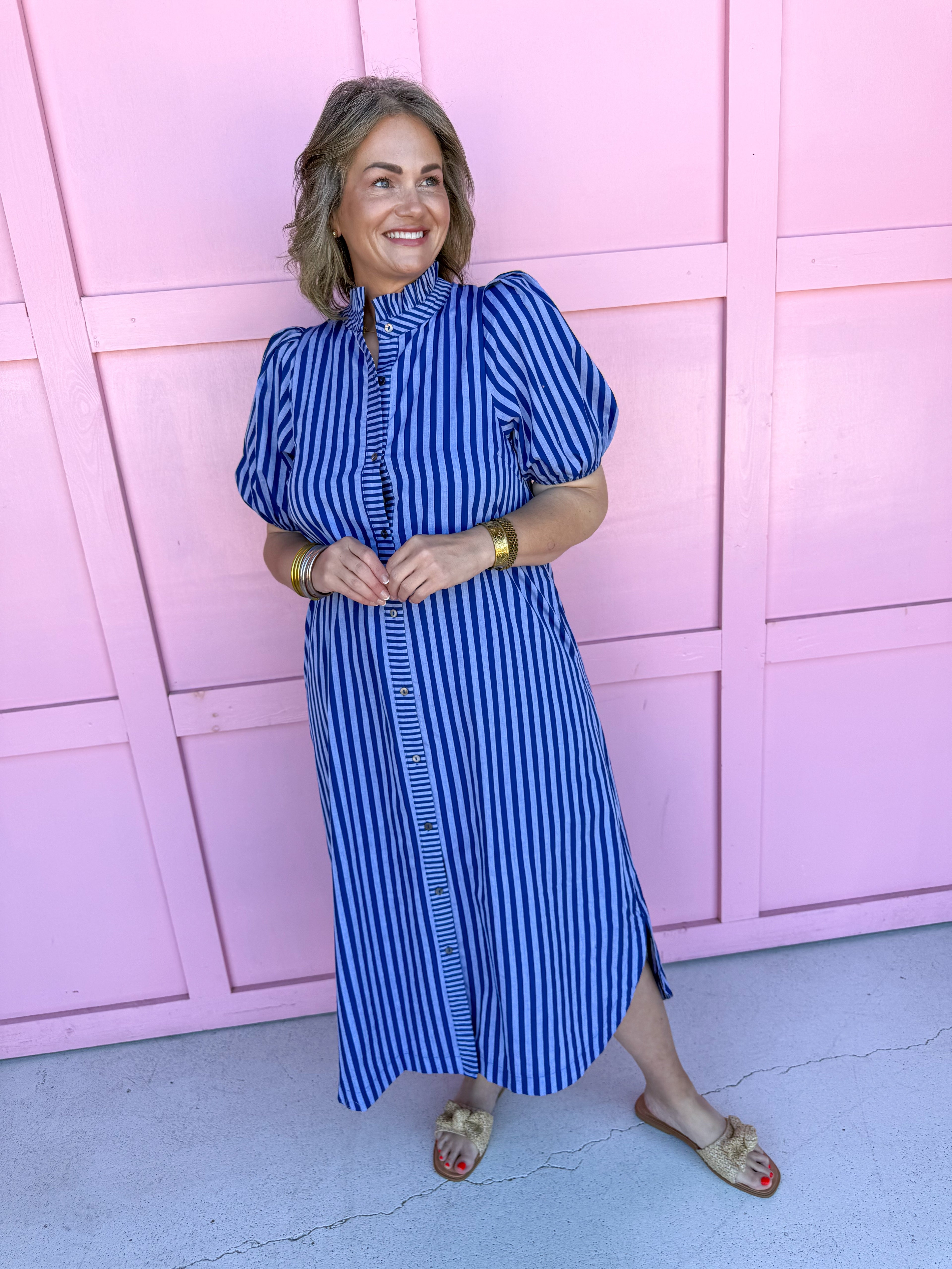 Mock Collar Puff Sleeves Full Front Button blue on blue stripes dress womens boutique jincy's 