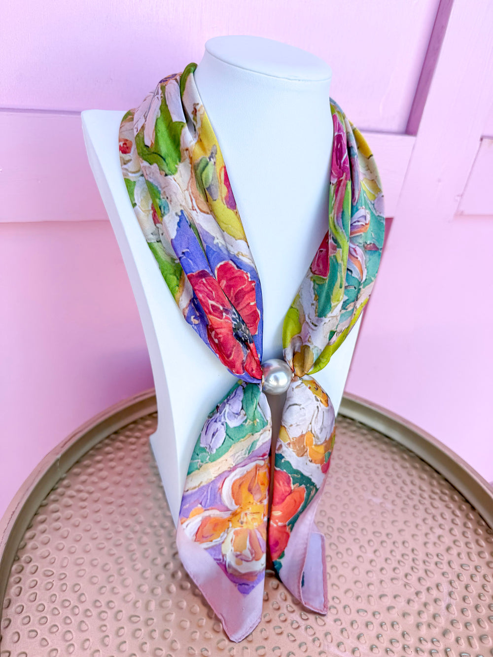 Watercolor Flower Garden Scarf Necklace - Blush Multi
