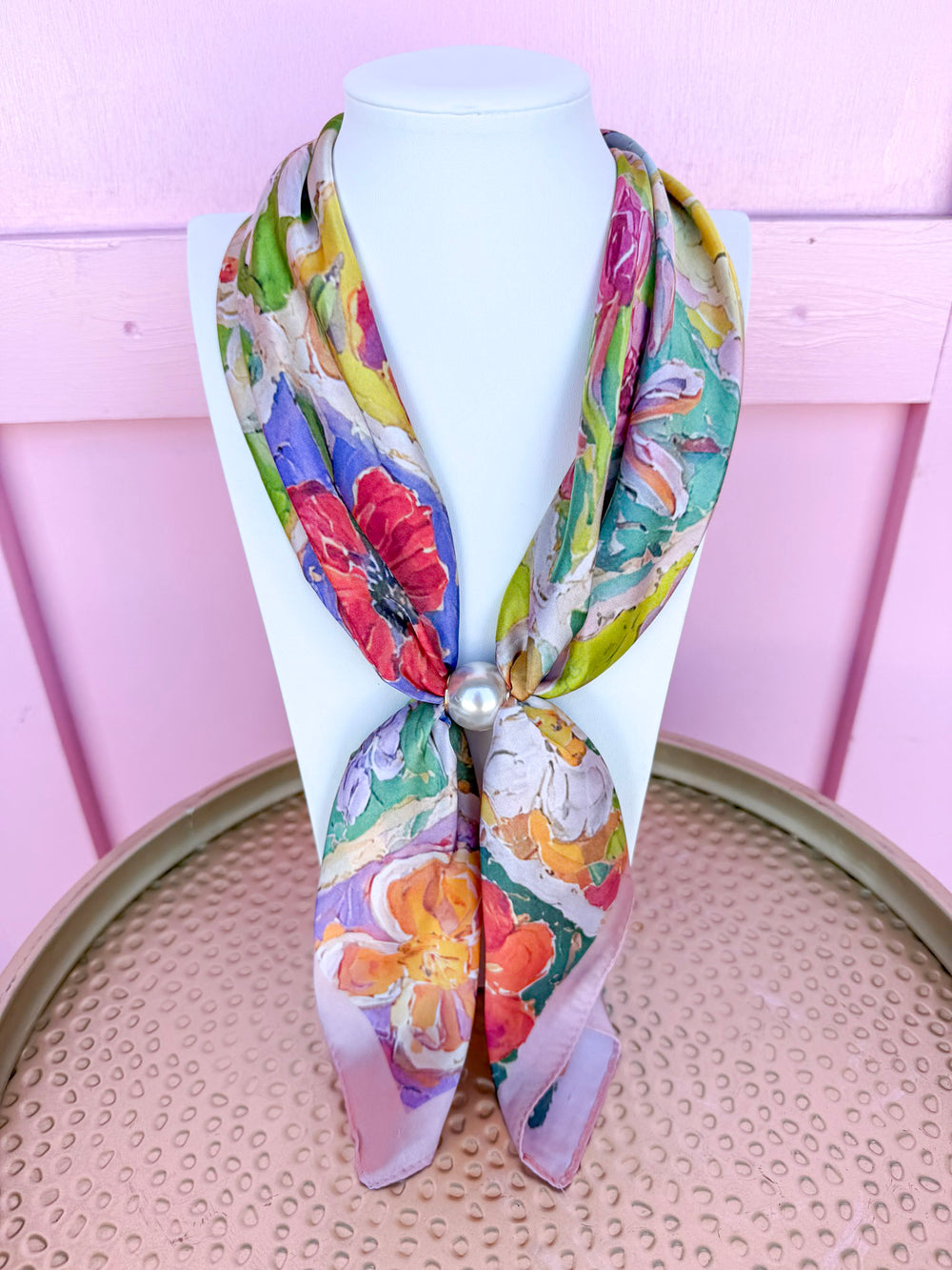 Watercolor Flower Garden Scarf Necklace - Blush Multi