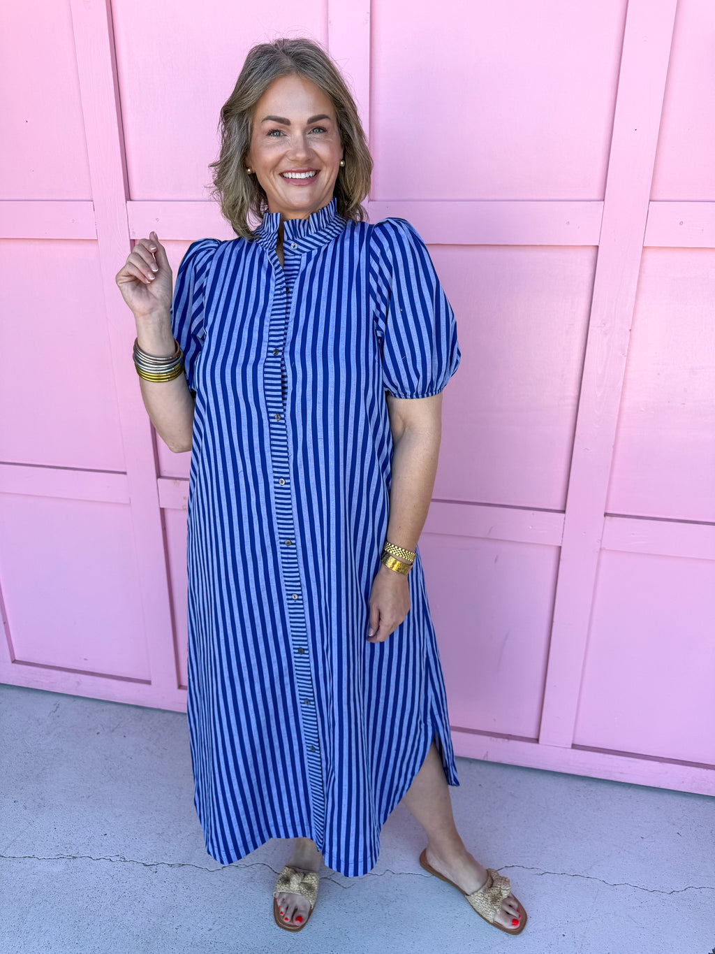 Mock Collar Puff Sleeves Full Front Button blue on blue stripes dress womens boutique jincy's 