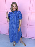 Mock Collar Puff Sleeves Full Front Button blue on blue stripes dress womens boutique jincy's 