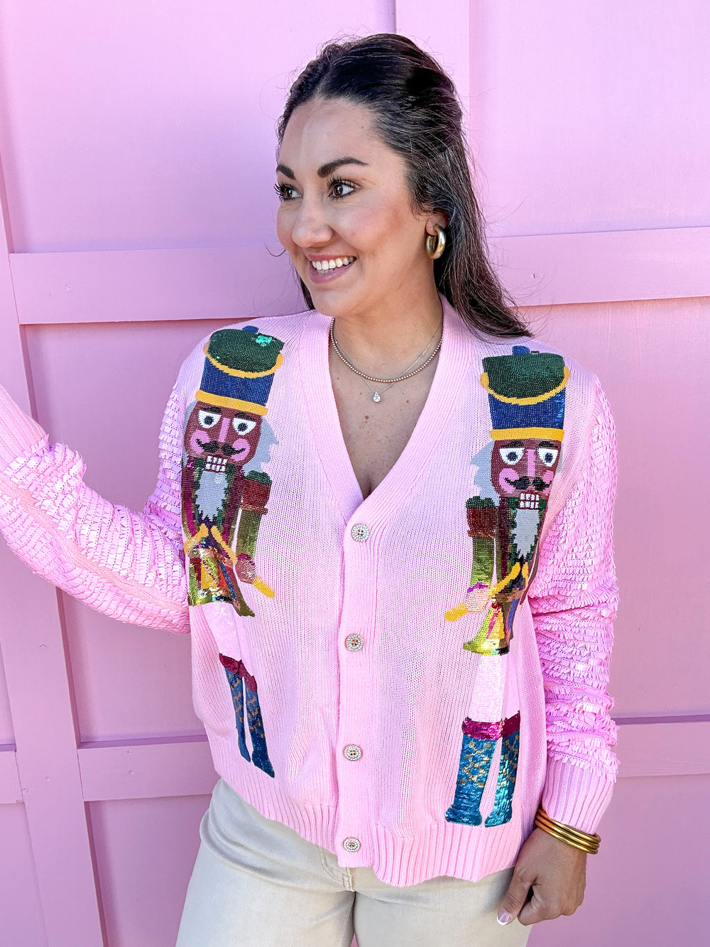 QUEEN OF SPARKLES | Pink Shard Sequin Sleeve Nutcracker Cardigan