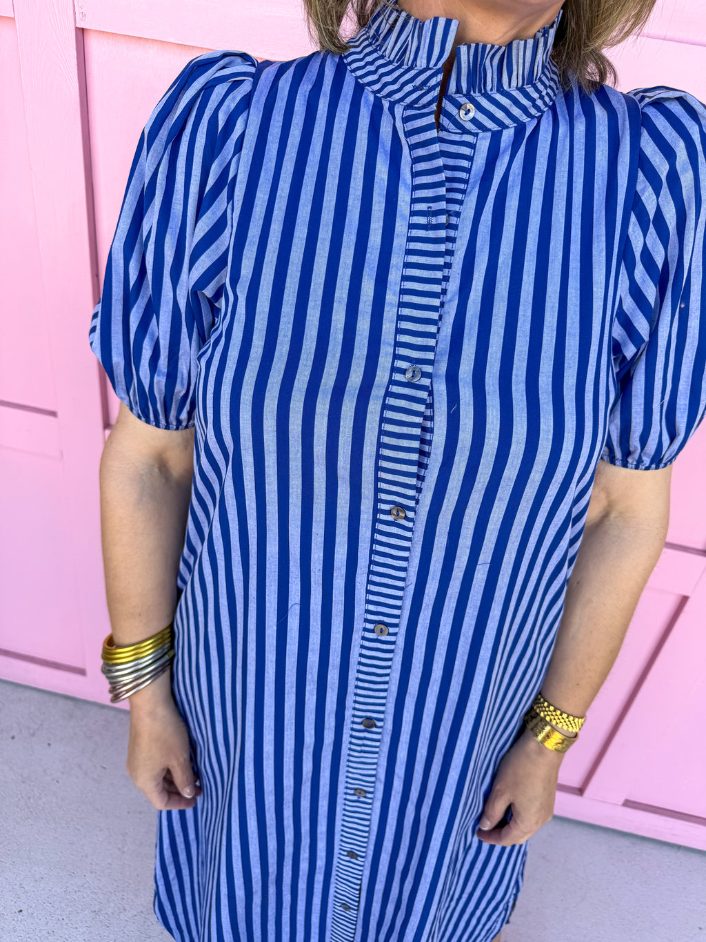 Mock Collar Puff Sleeves Full Front Button blue on blue stripes dress womens boutique jincy's 
