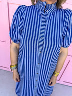 Mock Collar Puff Sleeves Full Front Button blue on blue stripes dress womens boutique jincy's 