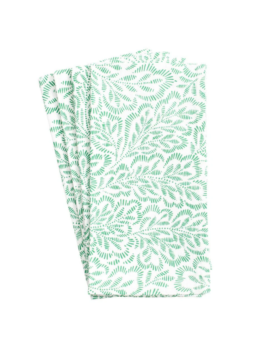 Caspari Block Print Leaves Cotton Dinner Napkins Green White Home Decor Jincy's 