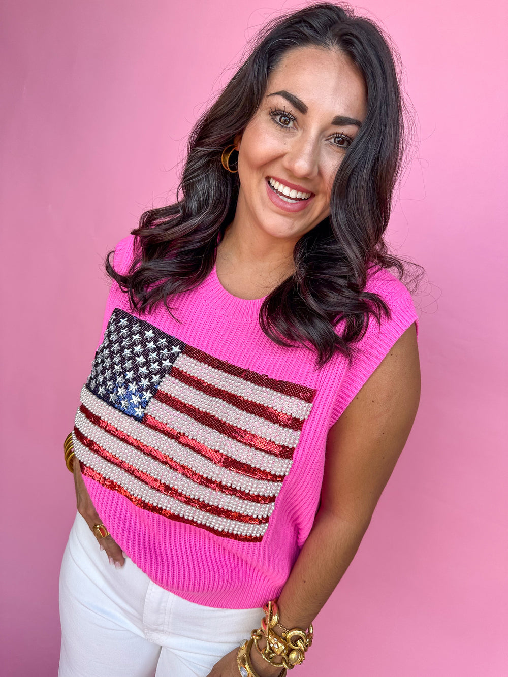 QUEEN OF SPARKLES | Neon Pink American Flag Sweater Tank