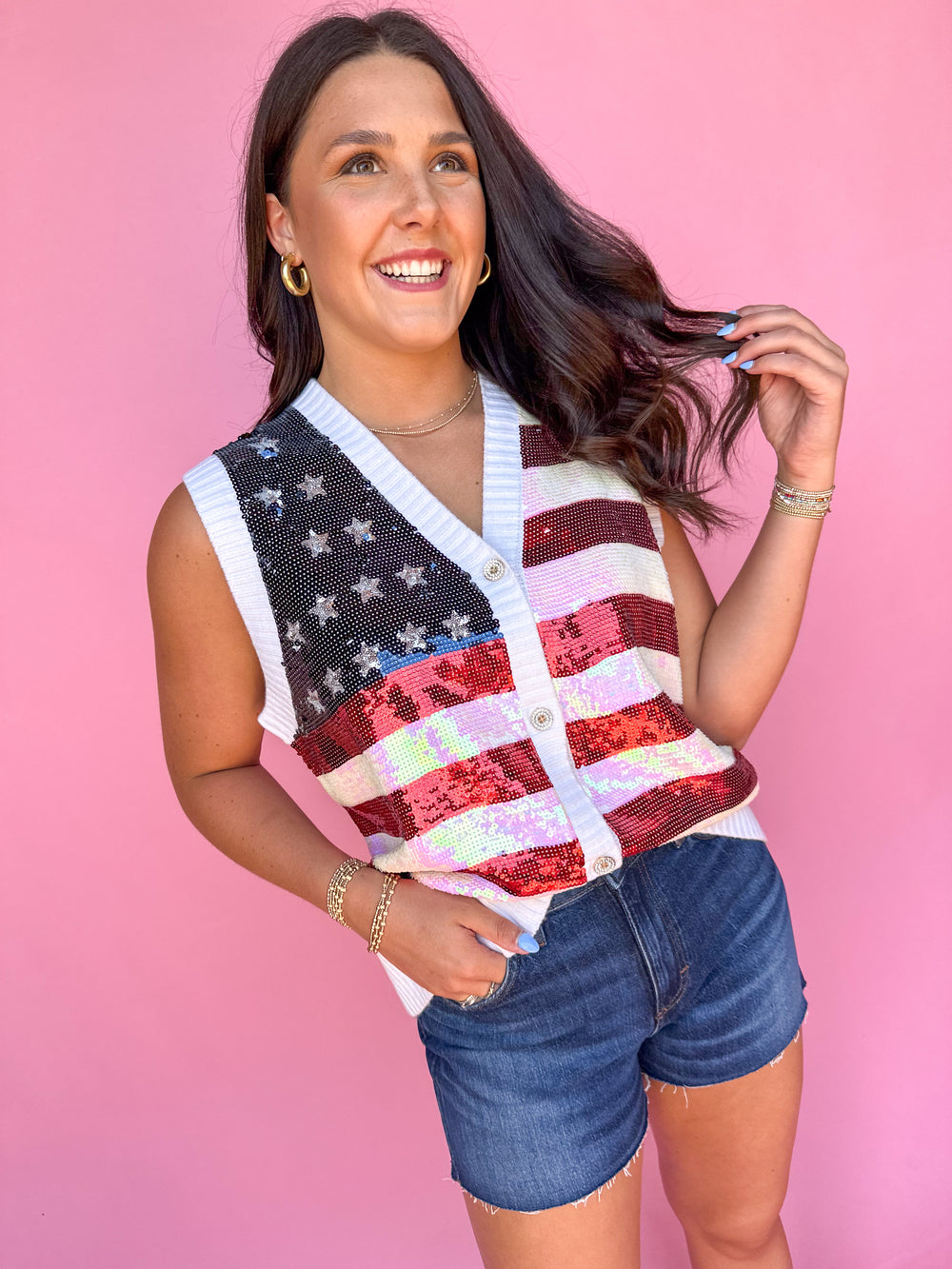 QUEEN OF SPARKLES | Full Sequin Flag Button UP Sweater Vest