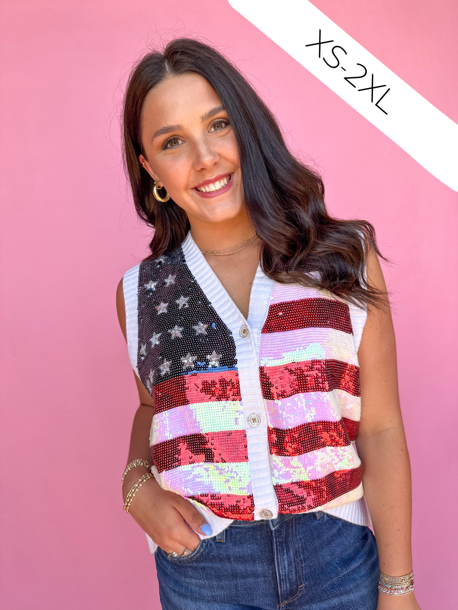 QUEEN OF SPARKLES | Full Sequin Flag Button UP Sweater Vest